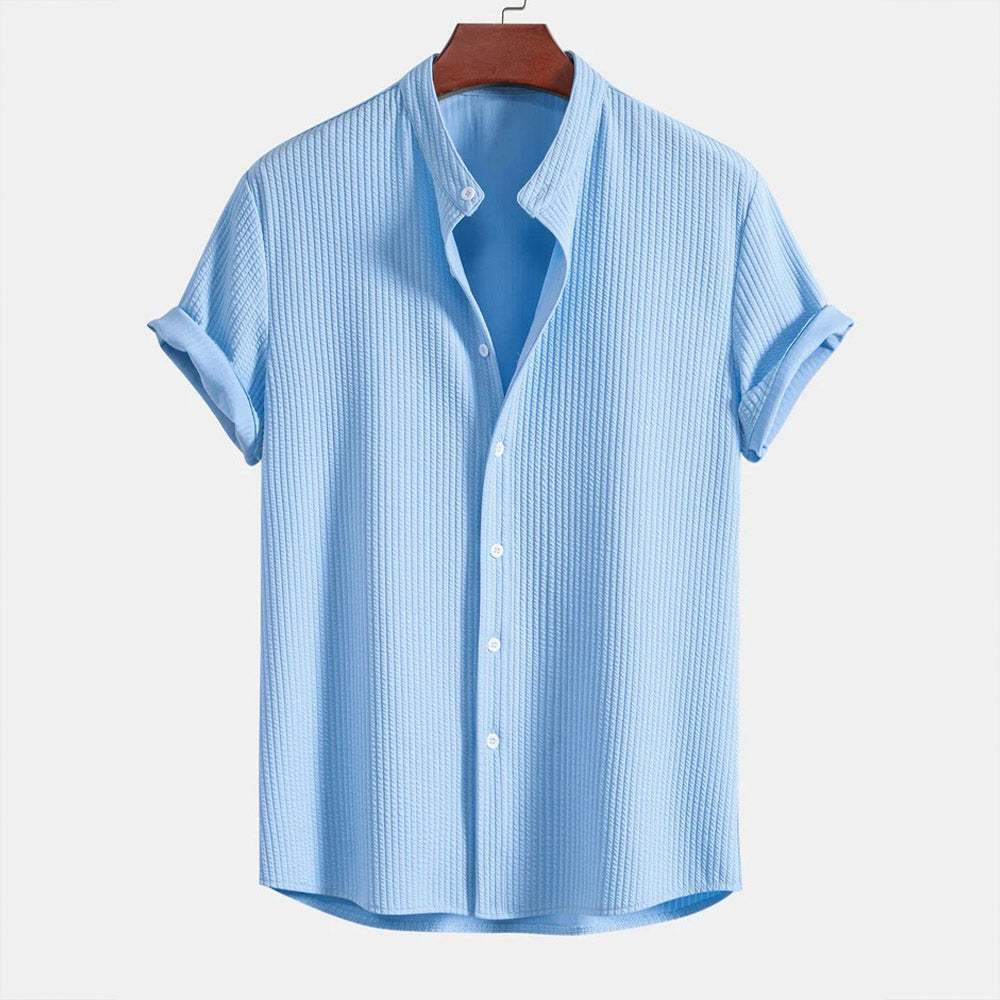 Men's Ribbed Knit Button-Down Shirt – Lightweight, Stand Collar Shirt