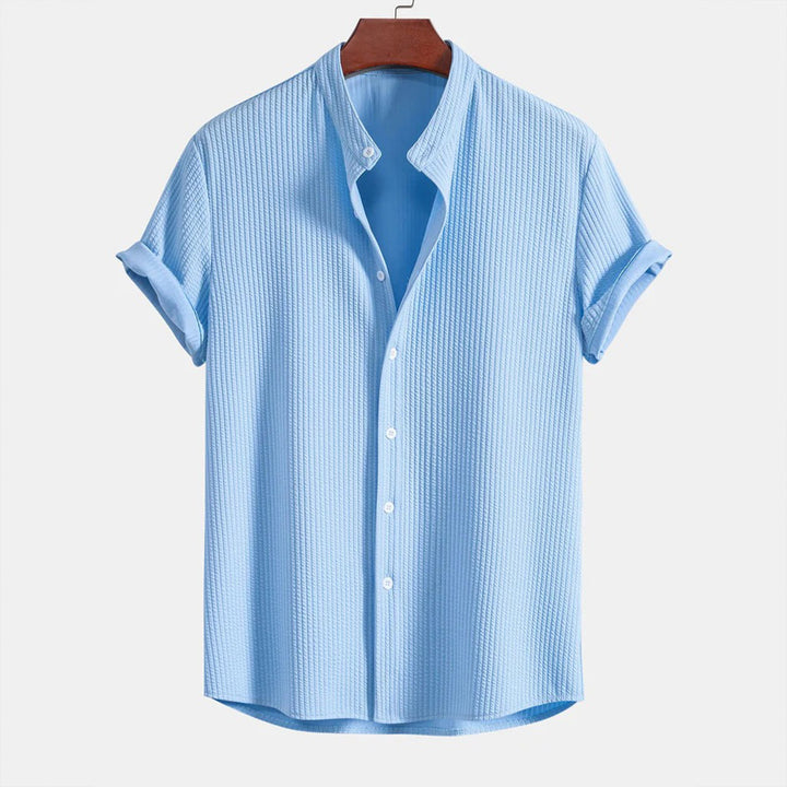 Men's Ribbed Knit Button-Down Shirt – Lightweight, Stand Collar Shirt