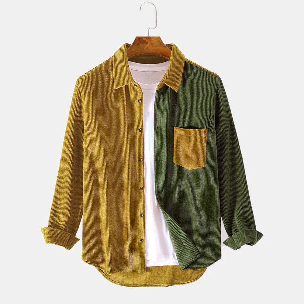 Classic Corduroy Patchwork Knit Shirt – Long Sleeve, Relaxed Fit Shirt