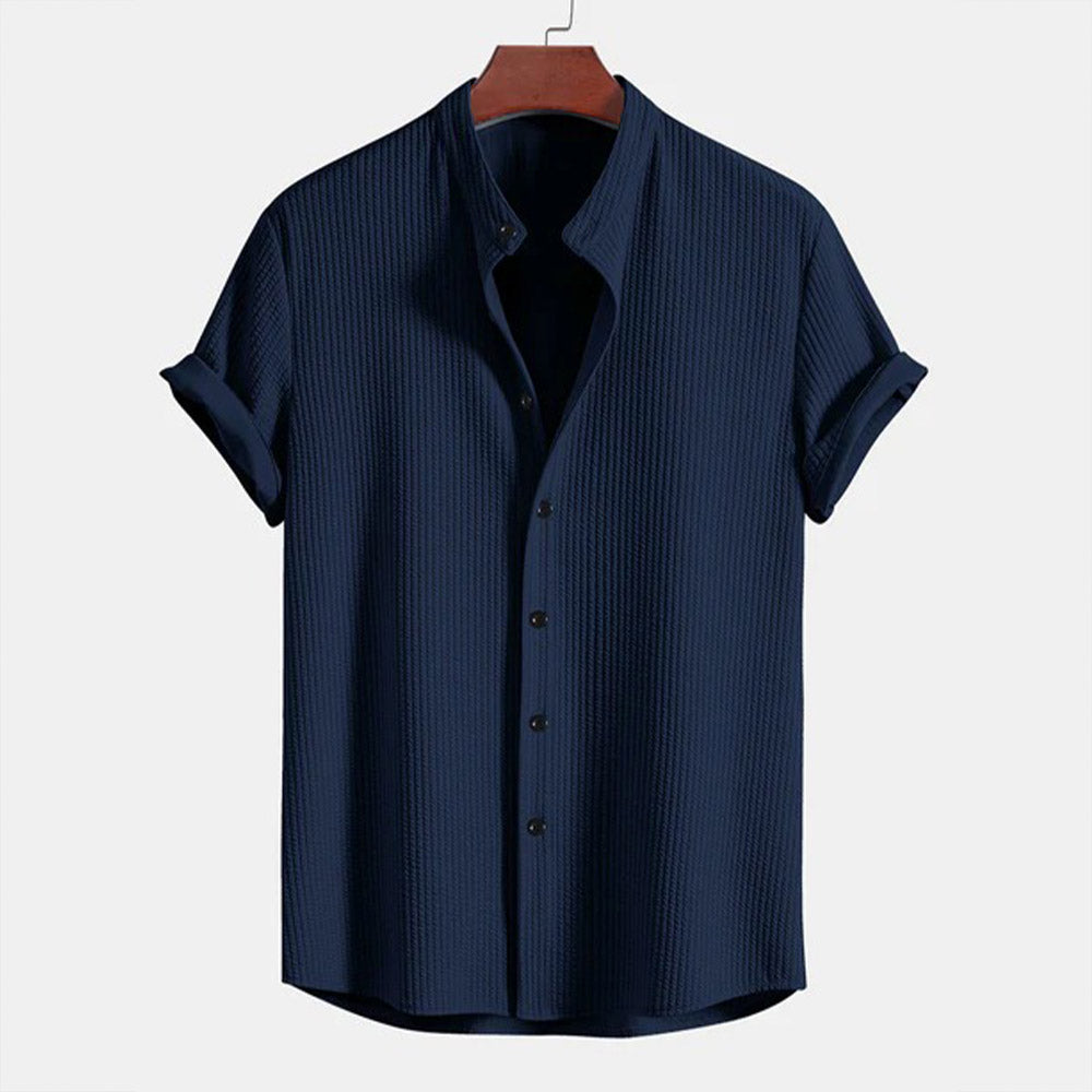 Men's Ribbed Knit Button-Down Shirt – Lightweight, Stand Collar Shirt