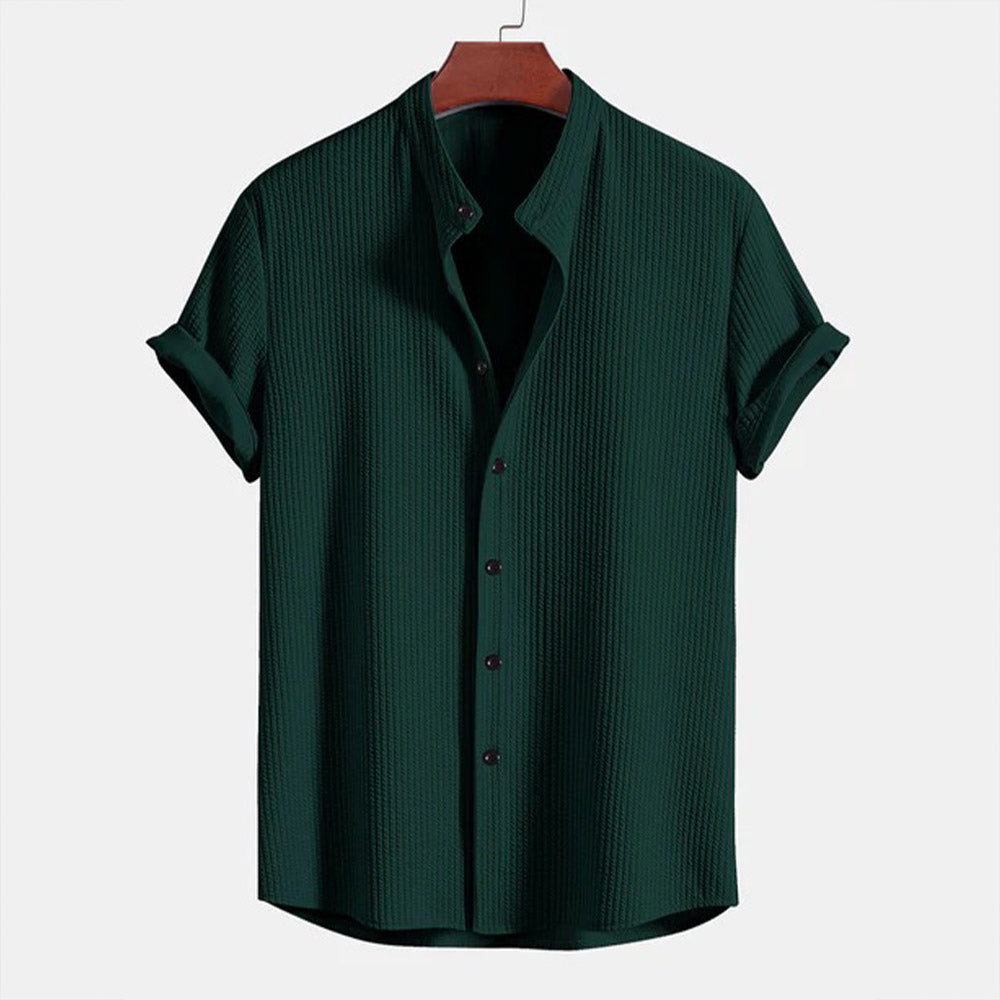 Men's Ribbed Knit Button-Down Shirt – Lightweight, Stand Collar Shirt