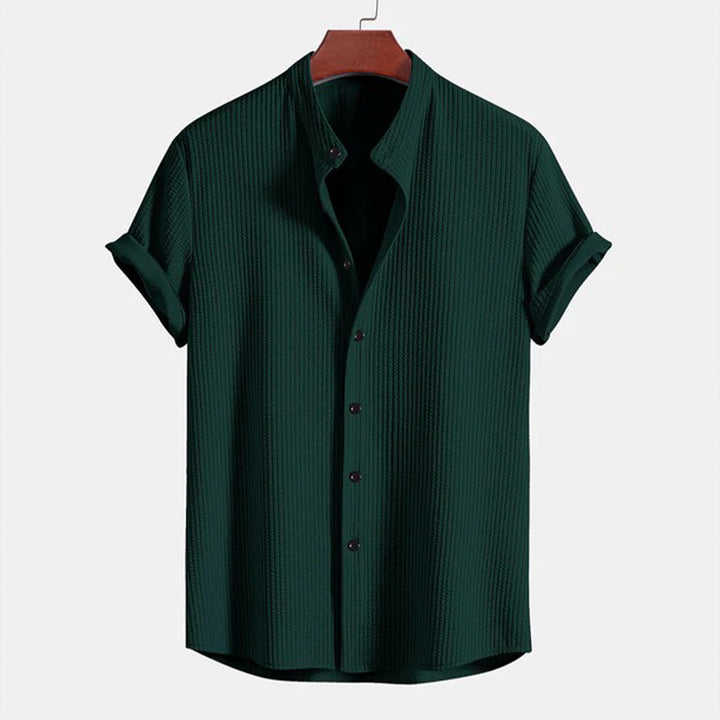 Men's Ribbed Knit Button-Down Shirt – Lightweight, Stand Collar Shirt