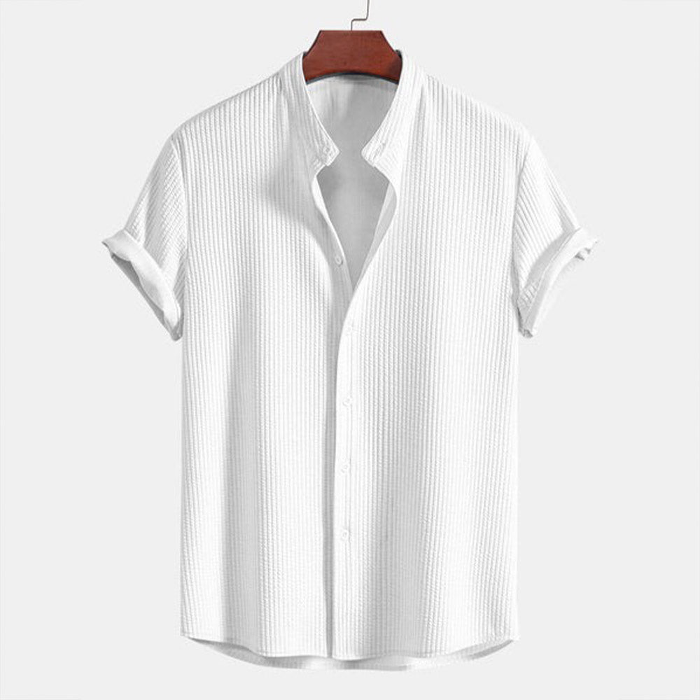 Men's Ribbed Knit Button-Down Shirt – Lightweight, Stand Collar Shirt