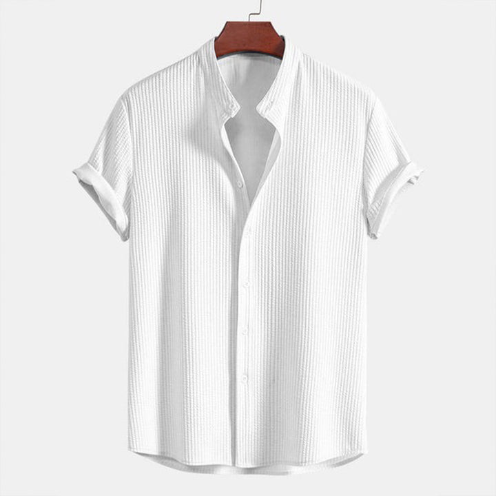 Men's Ribbed Knit Button-Down Shirt – Lightweight, Stand Collar Shirt