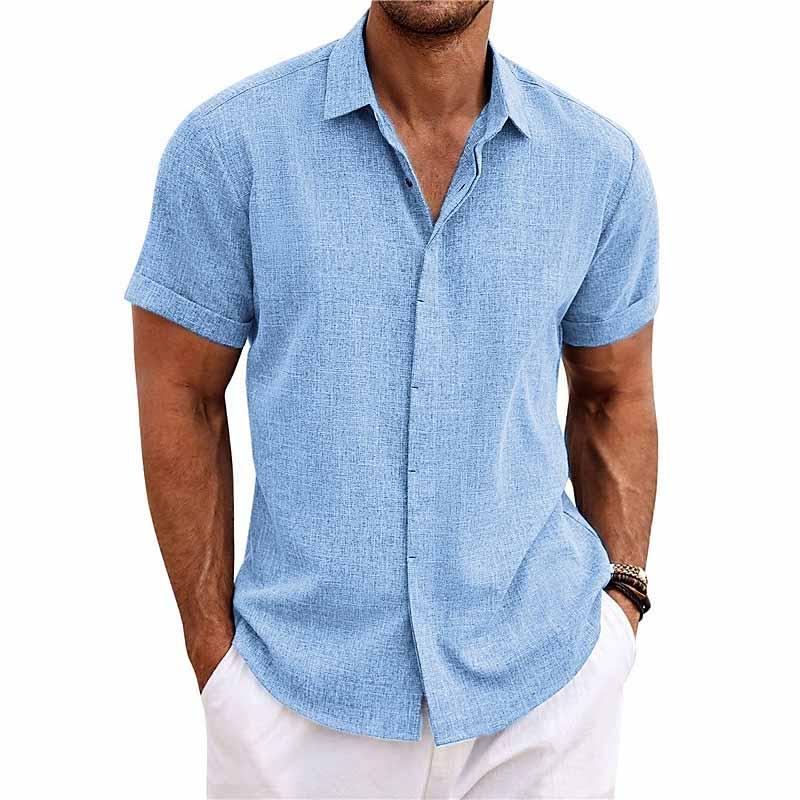 Men’s Linen Cotton Short Sleeve Button Down Shirt – Casual Breathable Beachwear Top