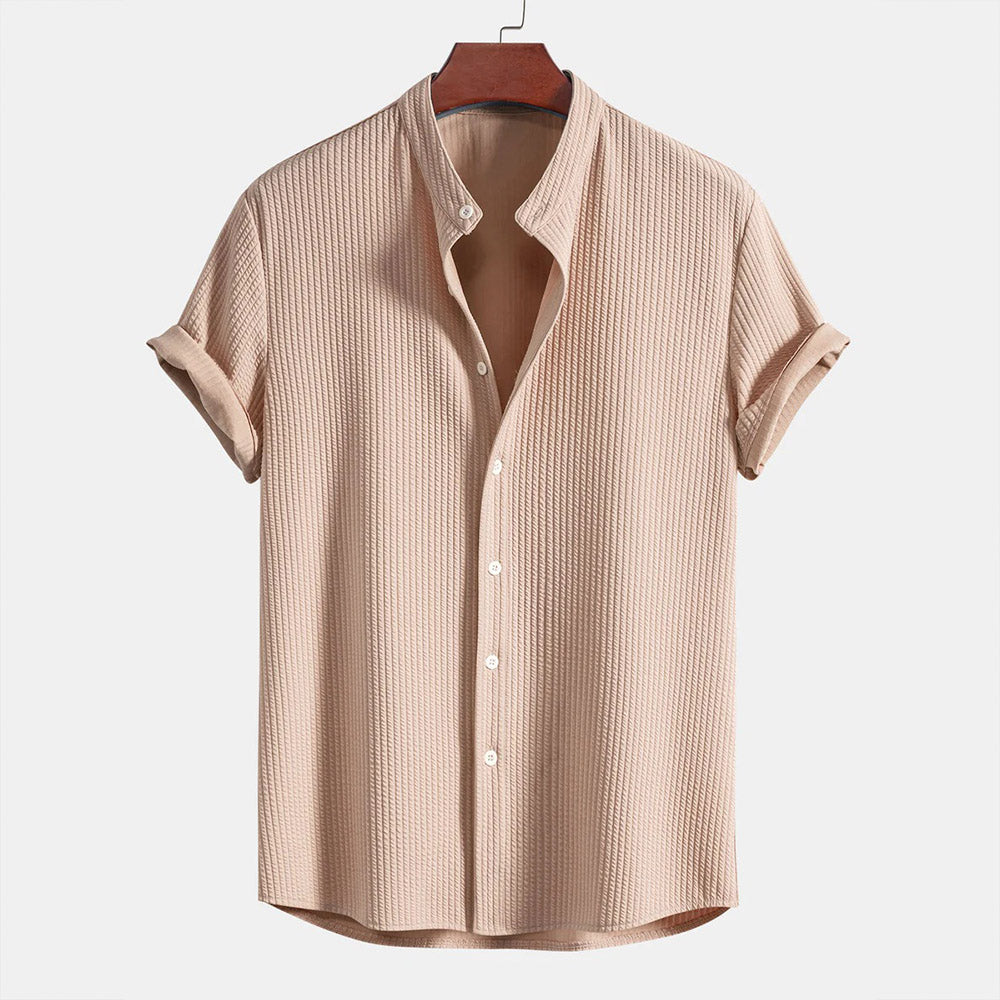 Men's Ribbed Knit Button-Down Shirt – Lightweight, Stand Collar Shirt
