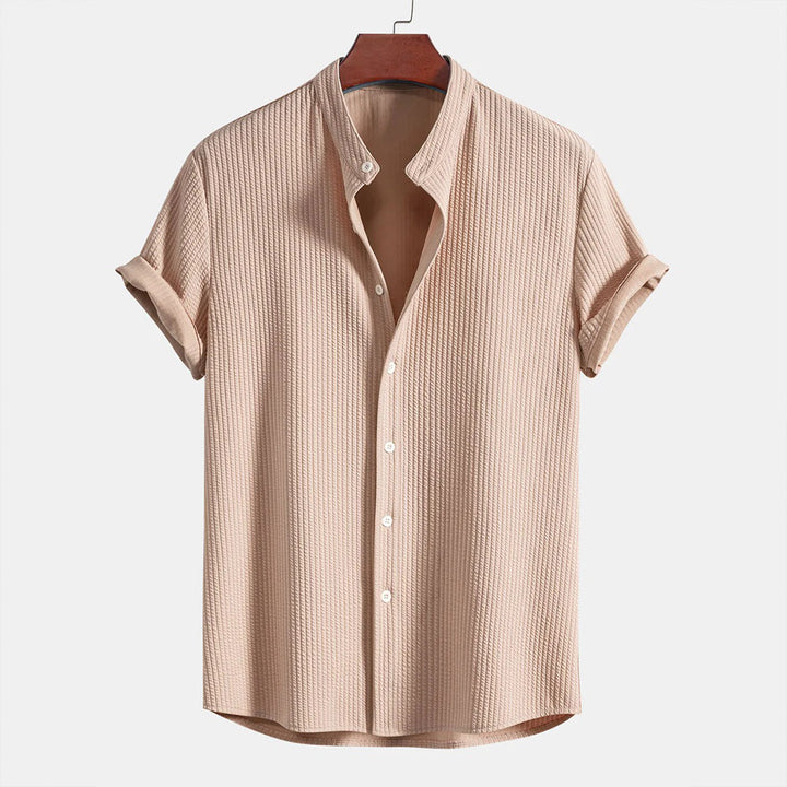 Men's Ribbed Knit Button-Down Shirt – Lightweight, Stand Collar Shirt