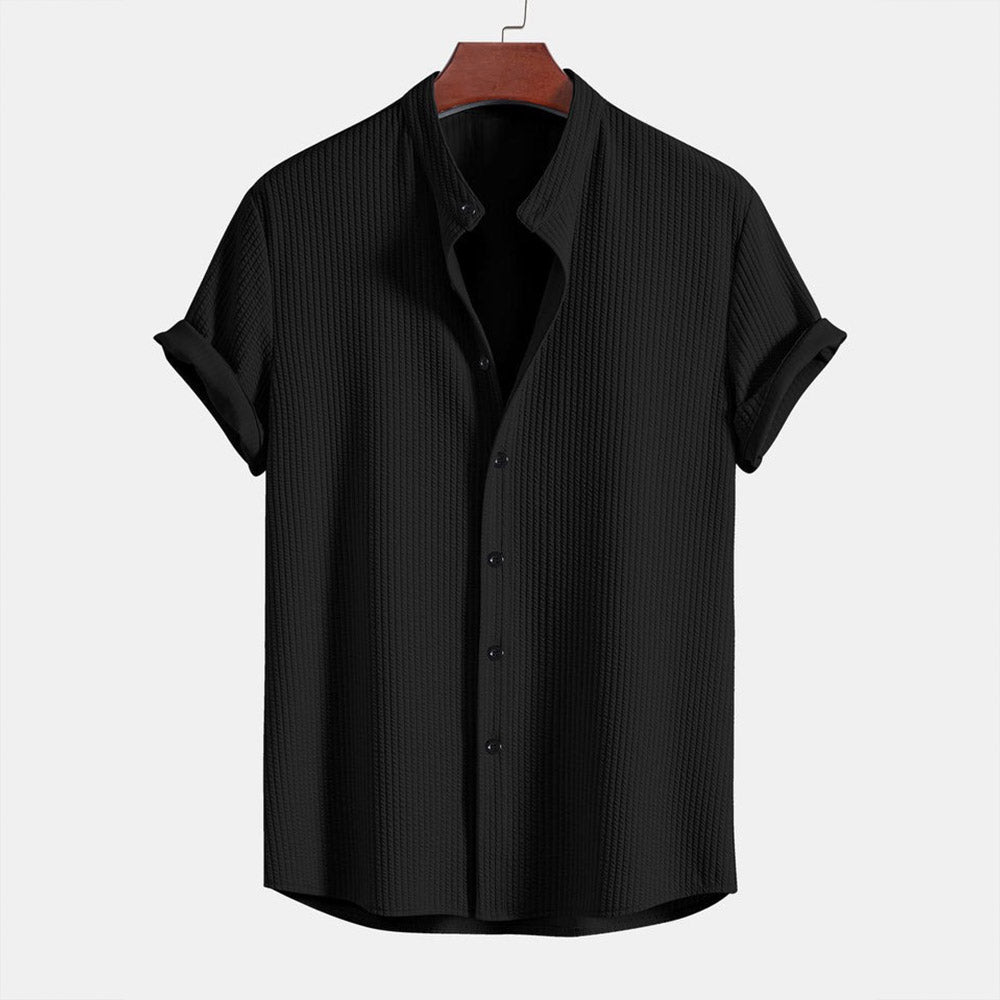Men's Ribbed Knit Button-Down Shirt – Lightweight, Stand Collar Shirt