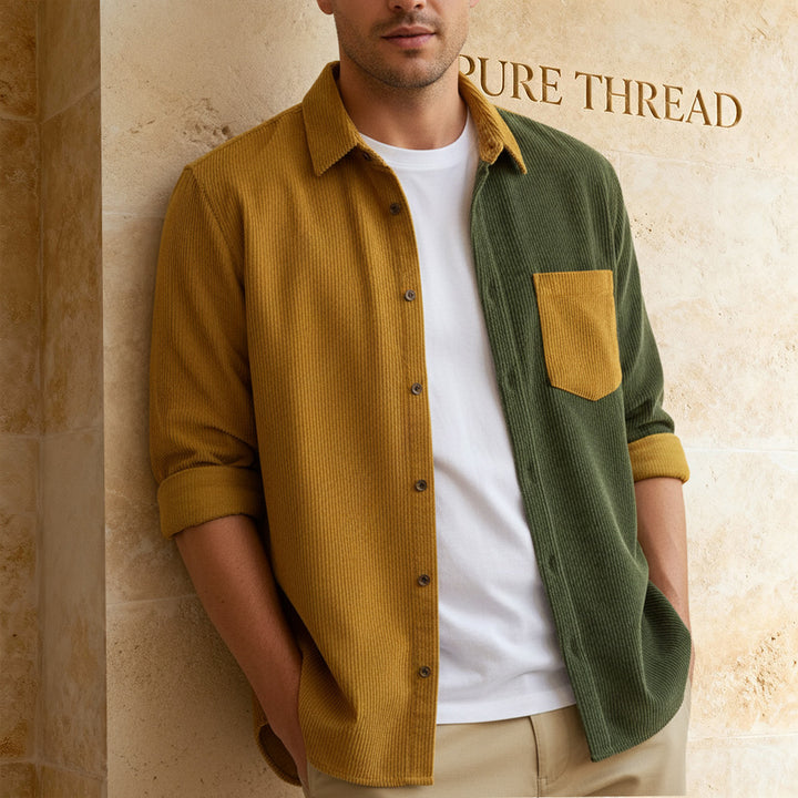 Classic Corduroy Patchwork Knit Shirt – Long Sleeve, Relaxed Fit Shirt